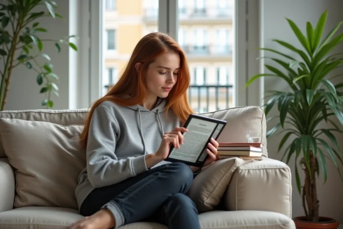 Jeune femme lisant un ebook téléchargé légalement en français sur une liseuse numérique dans un appartement moderne