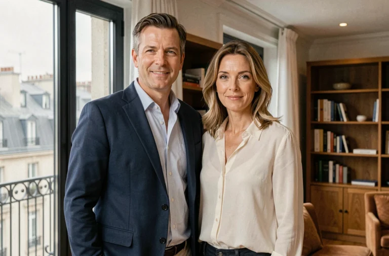 Couple discret et élégant dans un appartement parisien moderne, illustrant la vie privée du mari de la journaliste Maryse Burgot