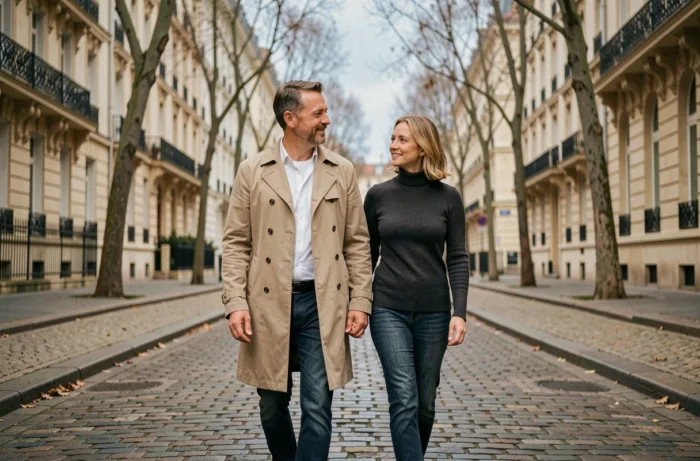 Couple se promenant dans un quartier parisien en automne, illustrant la discrétion et la vie quotidienne de Jonathan Halls et Maryse Burgot