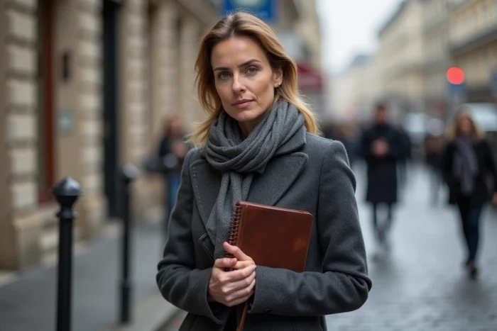 Journaliste femme debout devant un bâtiment de presse parisien, tenant un carnet, dans une posture réfléchie face à l'annonce de la maladie de Pierre Servent