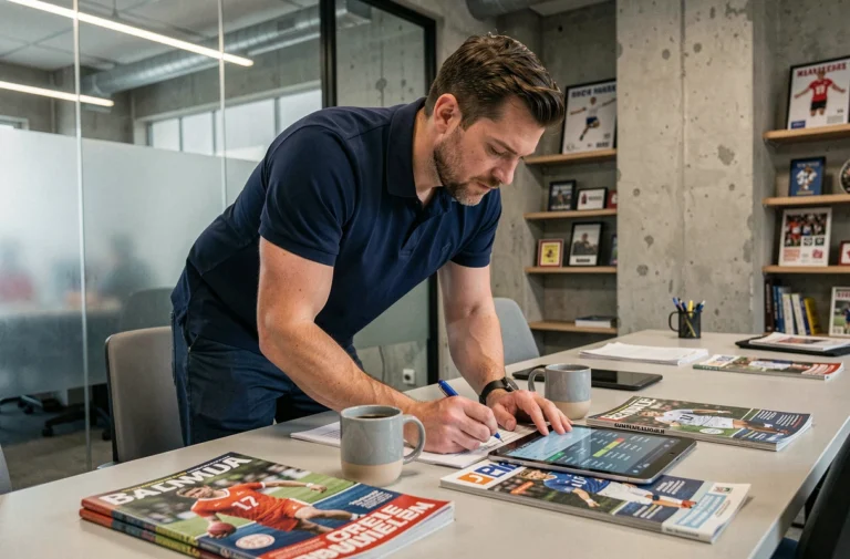 Journaliste sportif consultant les nouvelles éditions du magazine sportif 2024 dans une salle de rédaction moderne