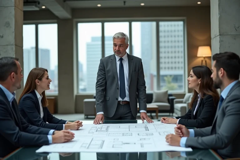 Équipe de direction de Killahejlaszo Ltd analysant des plans de projet stratégiques dans un bureau moderne et lumineux