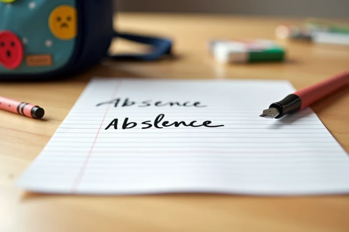 Gros plan sur une lettre d'absence manuscrite pour la maternelle avec un stylo et des fournitures scolaires
