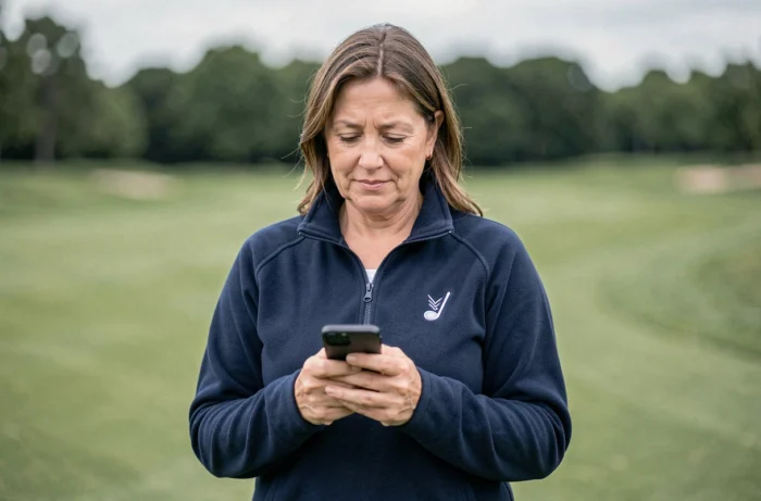 Femme licenciée ffgolf consultant son espace personnel sur smartphone au bord d'un parcours de golf