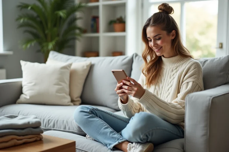 Jeune femme consultant l'application Vinted sur son téléphone pour obtenir la livraison gratuite, assise sur un canapé entouré de vêtements