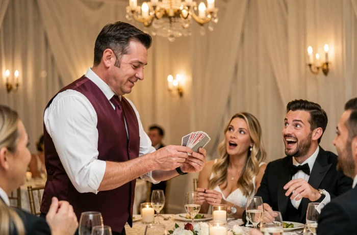Magicien professionnel réalisant des tours de magie pour des invités ébahis lors d'un mariage en salle de bal