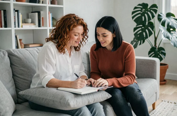 Deux mères échangent des conseils parentaux ensemble sur un canapé, autour d'une tablette et d'un carnet de notes, dans un salon au style scandinave.