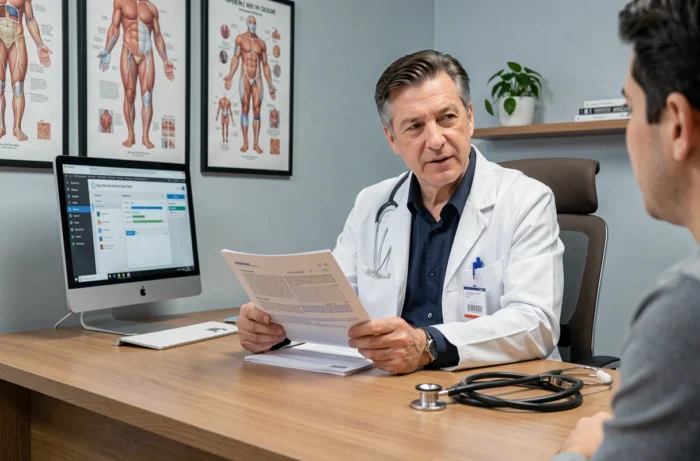 Médecin généraliste en consultation examinant des documents médicaux dans son cabinet, symbolisant le diagnostic et le traitement des maladies