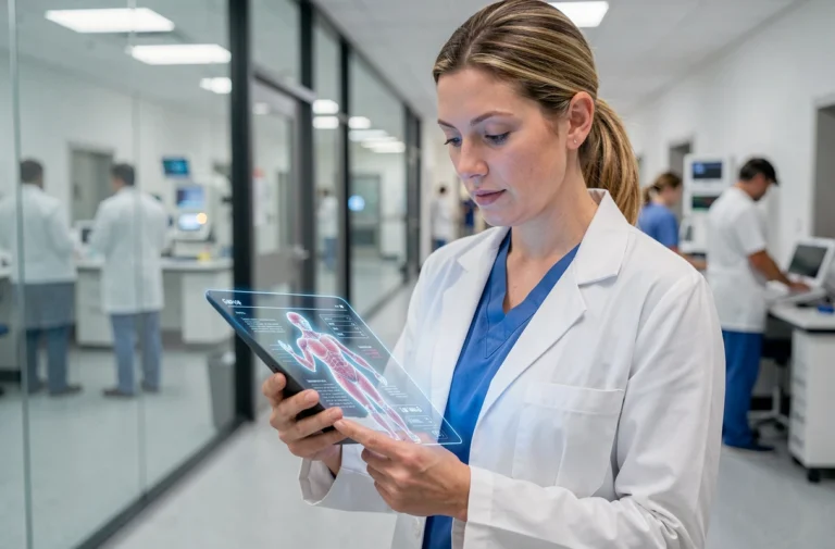 Médecin femme consultant une tablette avec données médicales 3D dans un couloir d'hôpital moderne, illustrant les innovations en santé numérique