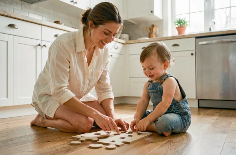 Mère bienveillante jouant avec son tout-petit sur le sol de la cuisine, parentalité positive au quotidien
