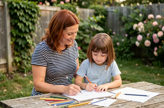 Mère et fille faisant des activités créatives ensemble dans le jardin, parentalité bienveillante et épanouie
