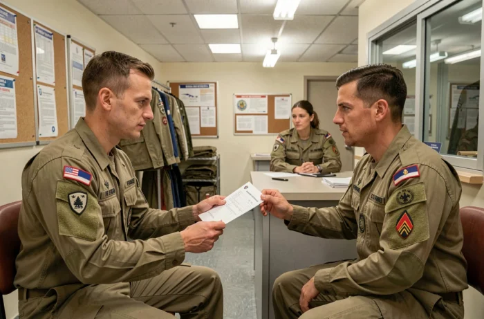 Militaires de l'armée de l'air au guichet d'un bureau d'habillement consultant leur dotation vestimentaire réglementaire