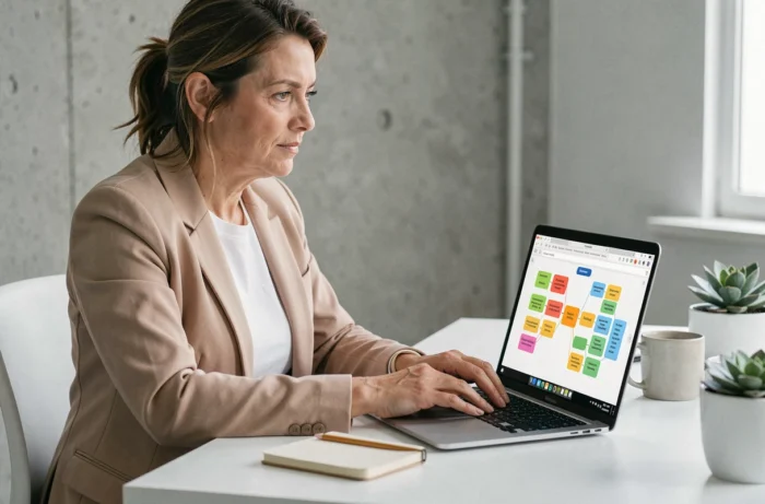 Femme utilisant un logiciel de mind mapping sur ordinateur portable pour structurer le plan de site de son blog