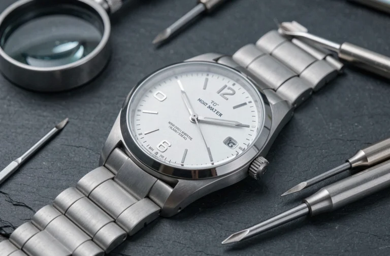 Montre Certus à cadran blanc posée sur une surface en ardoise avec des outils d'horlogerie