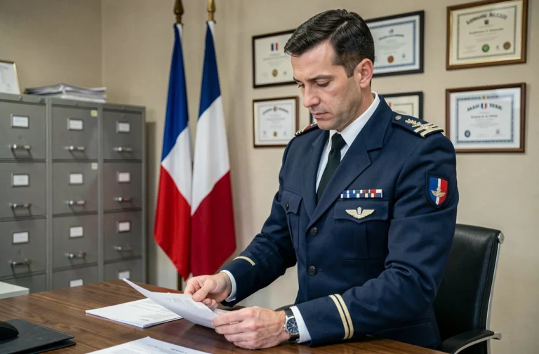 Officier de l'armée de l'air en uniforme bleu marine consultant des documents administratifs relatifs au droit à l'habillement militaire