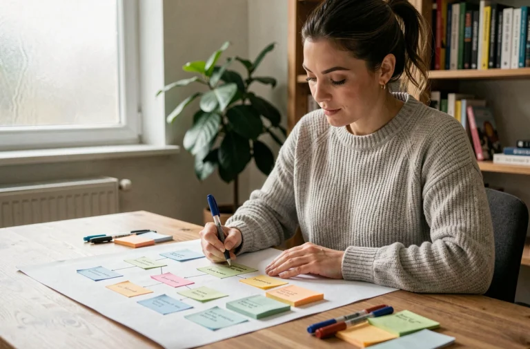 Femme organisant un plan de site de blog sur papier avec des notes colorées et un schéma hiérarchique dans un bureau à domicile