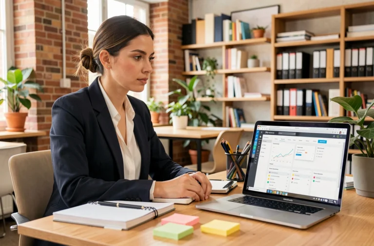 Femme professionnelle utilisant des outils numériques de gestion de projet sur un laptop dans un espace de coworking moderne