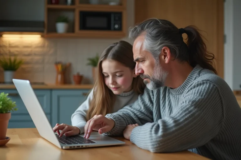 Parent et adolescente consultant ensemble un ordinateur portable pour comprendre les risques des réseaux sociaux et configurer le contrôle parental