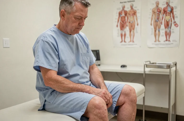 Patient adulte avec un œdème généralisé aux chevilles assis dans une salle de consultation médicale
