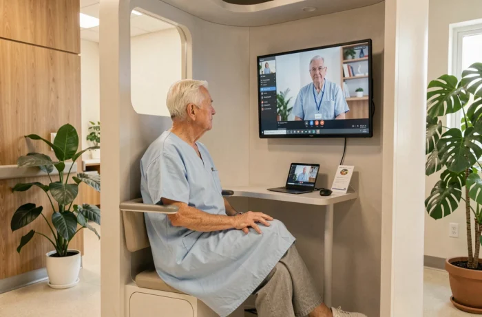 Patient âgé en consultation médicale par télémédecine dans une clinique moderne, illustrant l'accès aux soins de santé innovants à distance
