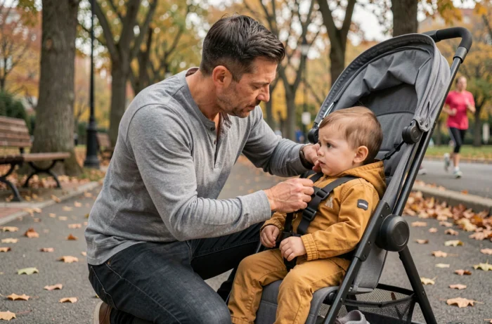 Un père attentionné ajuste le harnais de la poussette de son enfant en bas âge dans un parc urbain aux couleurs automnales.