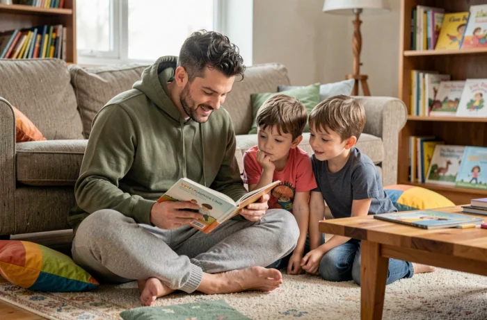 Père lisant un livre illustré à ses deux enfants dans le salon, moment de parentalité épanouie en famille