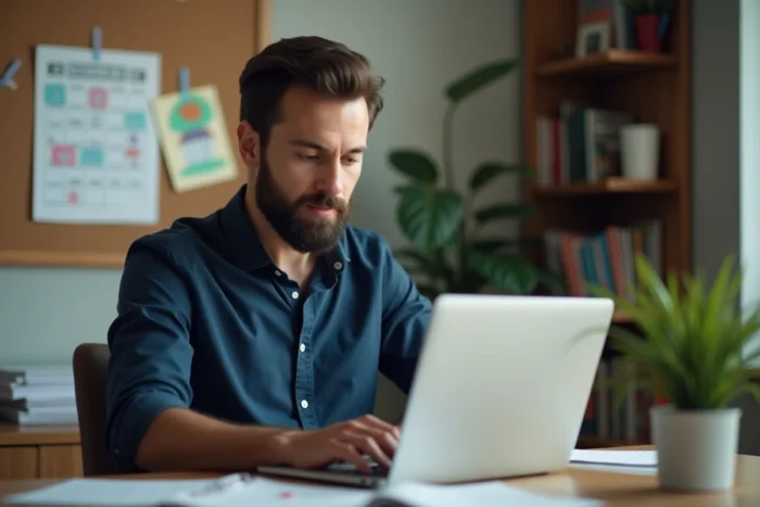 Père rédigeant une lettre d'absence scolaire sur ordinateur portable dans son bureau à domicile