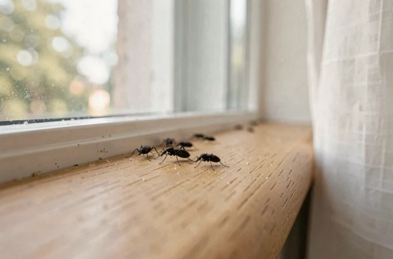 Petits insectes noirs rassemblés sur le rebord d'une fenêtre en bois à l'intérieur d'un appartement