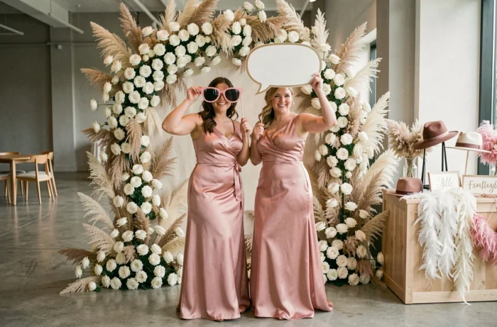 Deux demoiselles d'honneur s'amusant dans un photobooth fleuri lors d'une réception de mariage moderne