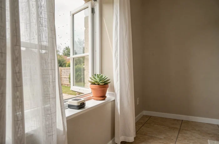 Piège électrique anti-insectes posé sur le rebord intérieur d'une fenêtre ouverte dans un salon lumineux