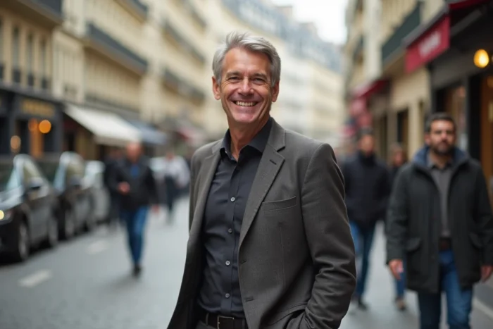 Portrait d'un homme d'âge moyen souriant en veste décontractée dans une rue parisienne, illustration vie privée de célébrité