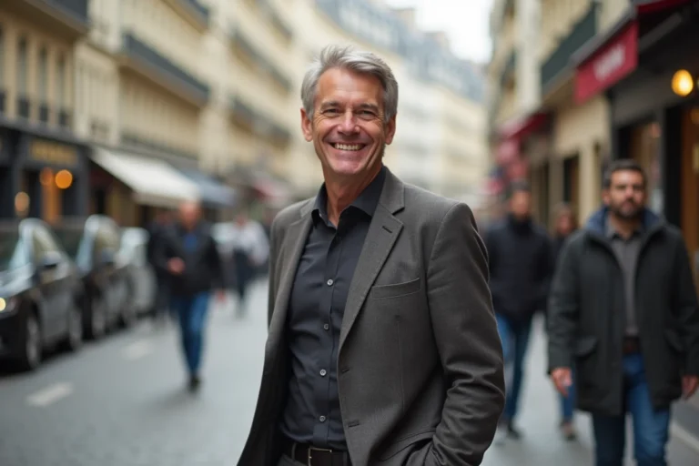 Portrait d'un homme d'âge moyen souriant en veste décontractée dans une rue parisienne, illustration vie privée de célébrité