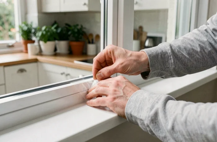 Mains masculines posant un piège adhésif transparent contre des insectes noirs sur un encadrement de fenêtre PVC