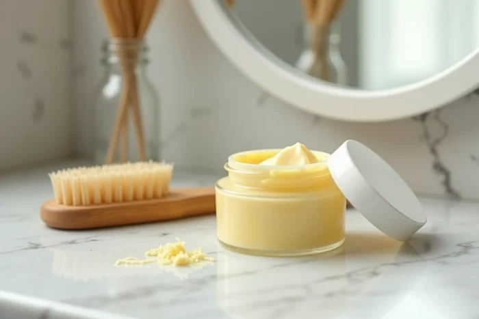 Pot de pommade capillaire ouverte sur un comptoir en marbre blanc avec une brosse en bois