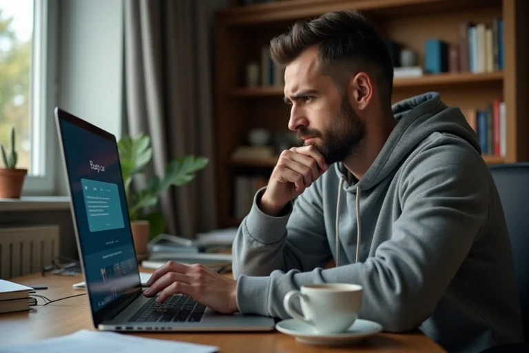 Homme frustré devant un écran d'ordinateur affichant une erreur de streaming vidéo