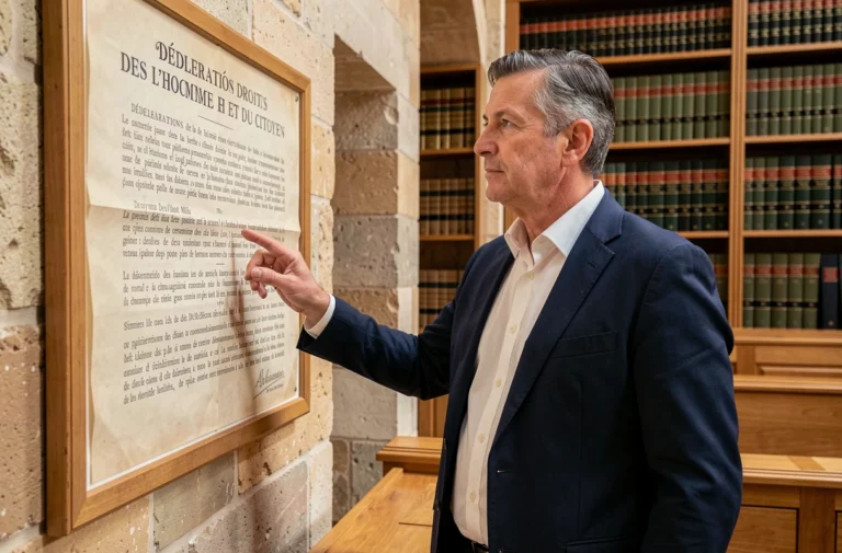 Professeur de droit expliquant la Déclaration des Droits de l'Homme devant un amphithéâtre universitaire français