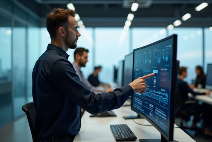 Professionnel en sécurité informatique analysant un tableau de bord de cybersécurité dans un open space moderne