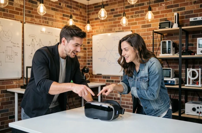 Deux jeunes professionnels discutant d'un casque de réalité augmentée dans un laboratoire d'innovation technologique