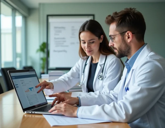 Deux professionnels de santé analysant des documents de conformité et un logiciel de traçabilité des soins en réunion