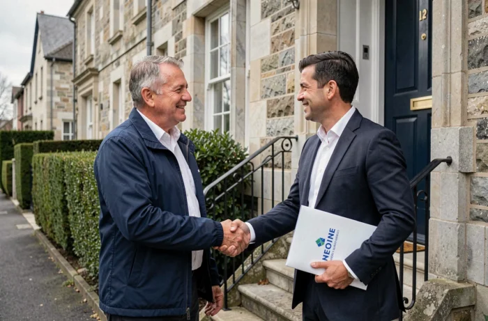 Propriétaire signant un contrat d'assurance habitation Macif avec un conseiller devant sa maison en pierre