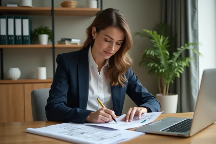 Femme propriétaire étudiant les démarches administratives pour un certificat de conformité