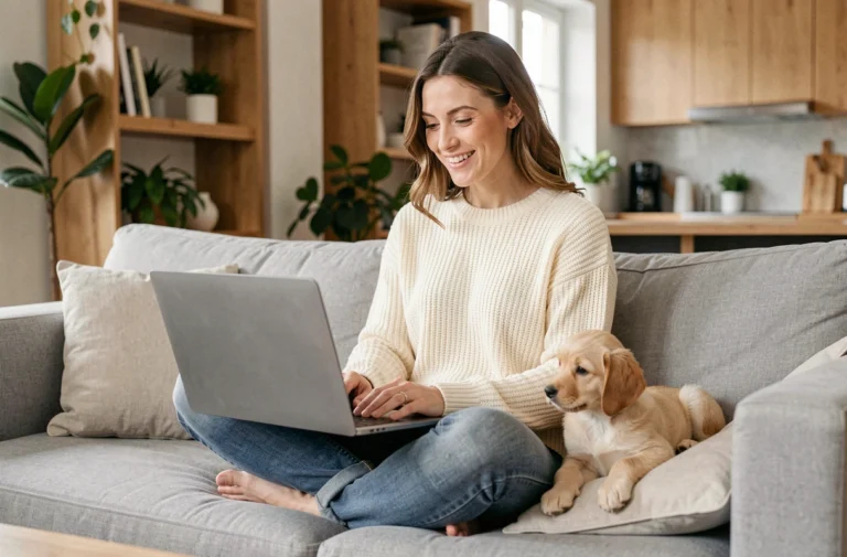 Femme souriante faisant un quiz en ligne sur son ordinateur portable pour choisir son chien idéal, assise avec un chiot golden retriever sur un canapé gris dans un salon moderne