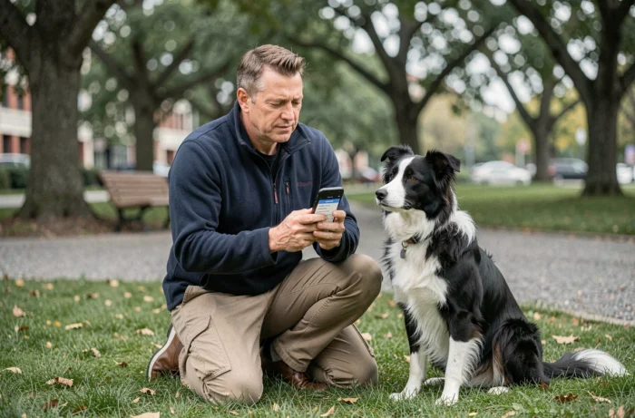 Homme agenouillé dans un parc consultant un quiz sur smartphone pour choisir la race de chien adaptée à son mode de vie, accompagné d'un border collie