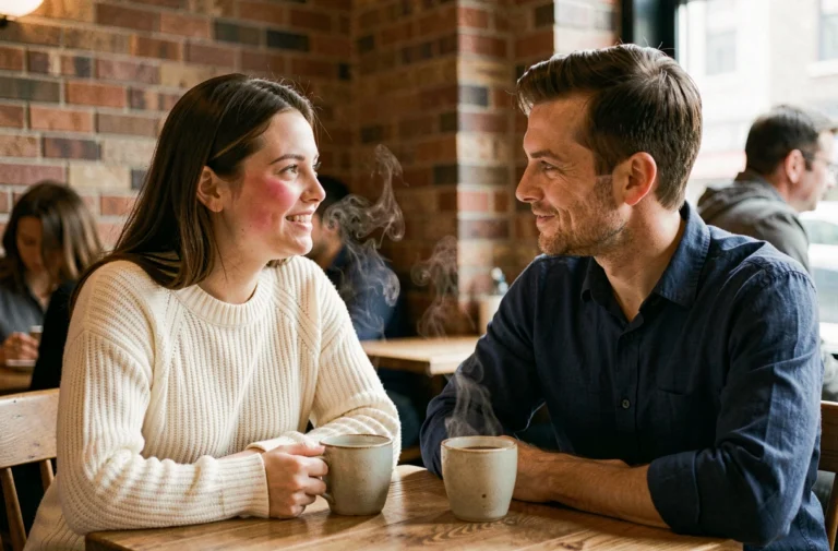 Femme regardant un homme avec un sourire amoureux naturel dans un café cosy, illustrant les signes d'un regard amoureux