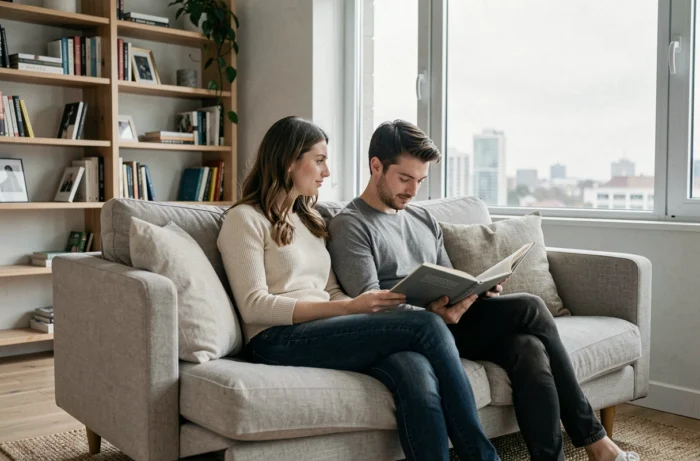 Couple dans un salon moderne, femme observant son partenaire avec un regard complice et amoureux, décryptage du regard amoureux