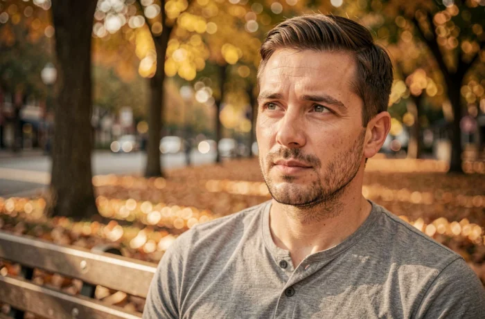 Portrait d'un homme avec un regard tendre et admiratif dans un parc en automne, symbolisant les signes d'un regard amoureux