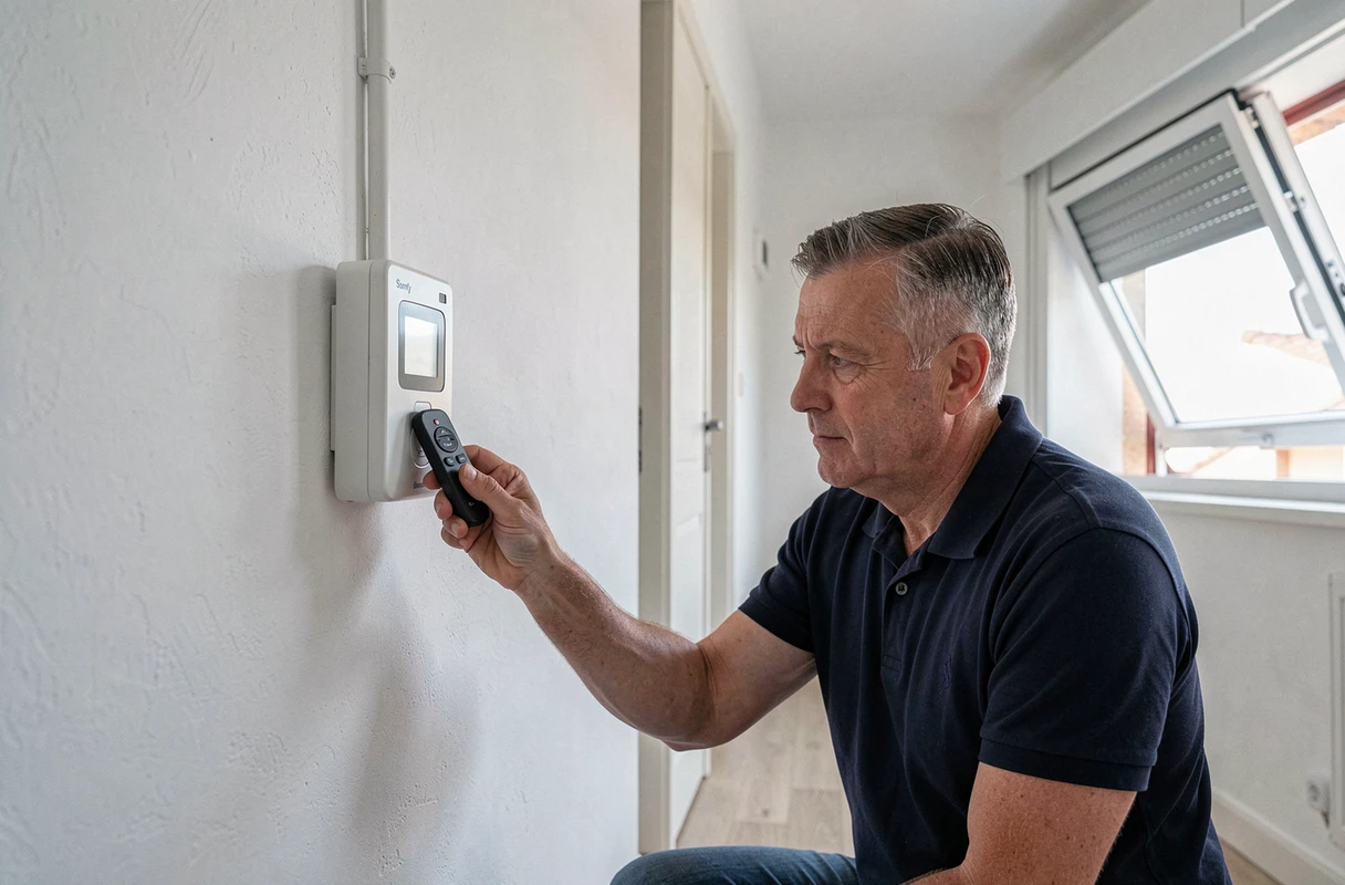 Homme réinitialisant une télécommande Somfy près du boîtier de volet roulant motorisé dans un couloir