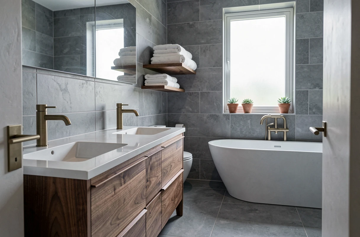 Salle de bain moderne et fonctionnelle avec double vasque en noyer, baignoire îlot et carrelage grand format