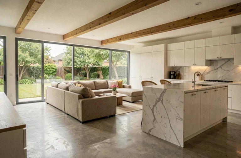 Salon et cuisine ouverts dans une maison moderne et fonctionnelle avec îlot en marbre et fenêtres panoramiques