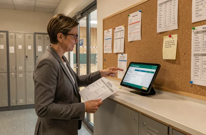 Secrétaire de club handball utilisant une tablette avec logiciel de gestion sportive dans un hall de gymnase